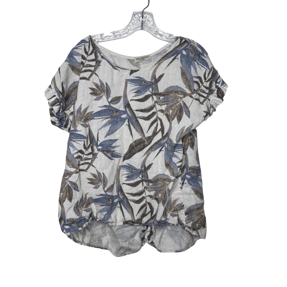 Terzo Millennio Womens Large Linen Tropical Leaf Print Button Back‎ Top Italy